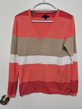 Tommy Hilfiger Coral, Tan & White Striped V-Neck Sweater Pima Cotton Size Large
